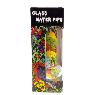 Embalagem preta com design colorido e estampas que contém cachimbo de água de vidro