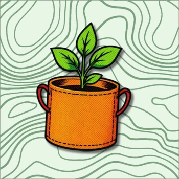 Planta verde dentro de vaso laranja em fundo com padrão de linhas verdes