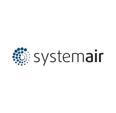 Logótipo Systemair com padrão azul e texto preto em fundo branco