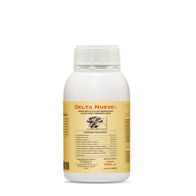 Frasco branco com tampa contendo fertilizante DELTA NUEVE R com etiqueta amarela