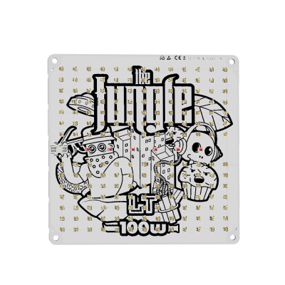 Painel LED branco com ilustração preta e texto the jungle LT 100W.