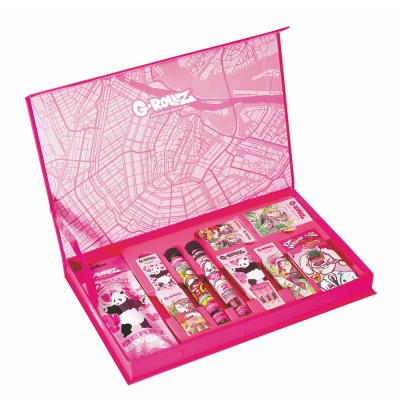 Conjunto G.ROLZ Amsterdam em caixa rosa com várias embalagens coloridas