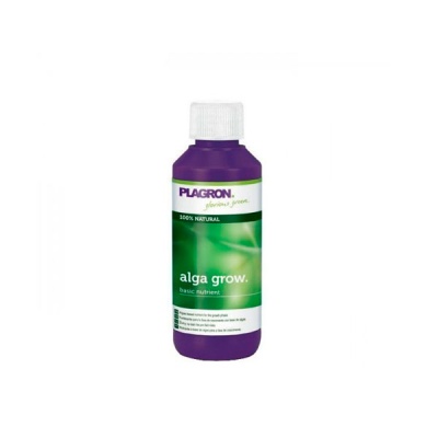 Frasco roxo de suplemento para plantas Alga Grow Plagron com rótulo verde