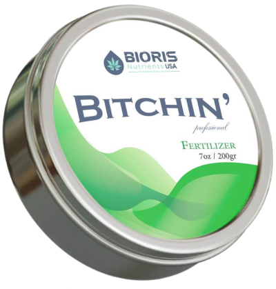 Lata de fertilizante BITCHIN da marca BIORIS Nutrients USA com design verde e branco