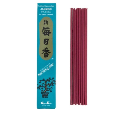 Caixa azul de incenso Jasmine com 50 varetas vermelhas ao lado