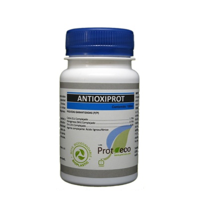 Frasco branco com tampa azul de suplemento ANTIOXIPROT com selo biodegradável
