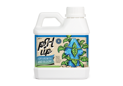 Frasco branco de plástico com rótulo pH up para ajuste de pH em plantas