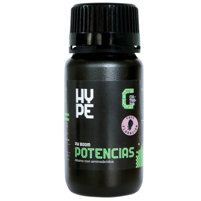 Frasco preto com tampa preta e rótulo preto com texto verde e branco de fertilizante com aminoácidos