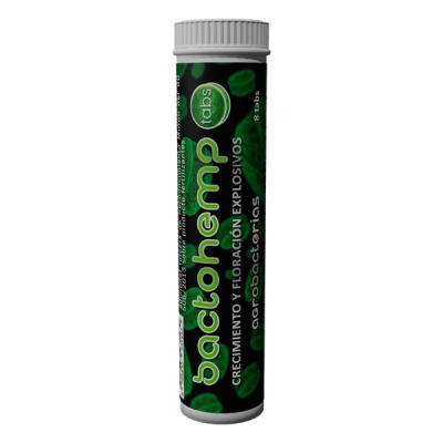 Embalagem de comprimidos Bactohemp tabs preta e branca com texto em verde