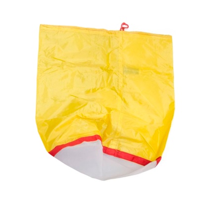 Saco amarelo com base branca e detalhes vermelhos em tecido sintético
