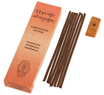 Caixa laranja de incenso VAJRAYOGINI INCENSE com seis varetas de incenso castanho escuro e suporte castanho claro