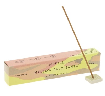 Embalagem de incenso Mellow Palo Santo com suporte branco