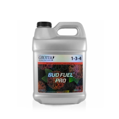 Recipiente plástico cinza com etiqueta colorida e texto BUD FUEL PRO