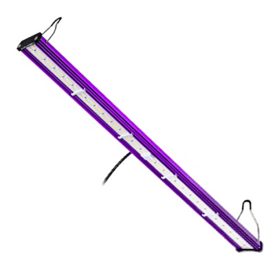 Luz LED roxa comprida com tiras brancas de LED e ganchos para pendurar
