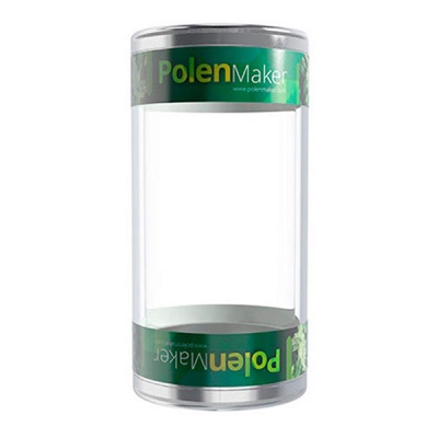 Embalagem cilíndrica transparente com rótulo verde PolenMaker