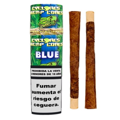 Embalagem azul de cones de cânhamo Cyclones Hemp Cones com dois cones castanhos ao lado