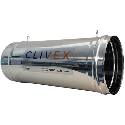 Tubo metálico cilíndrico prateado com etiqueta CLIVEX e texto técnico.