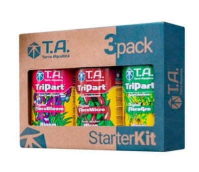 Conjunto de três fertilizantes líquidos Tripart em caixa de cartão com rótulos vermelhos, amarelos e verdes.