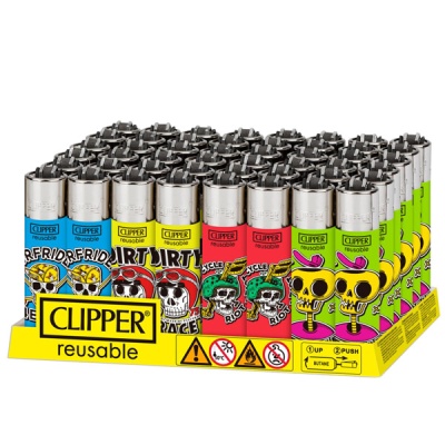 Clippers reutilizáveis coloridos com desenhos de caveiras numa caixa amarela