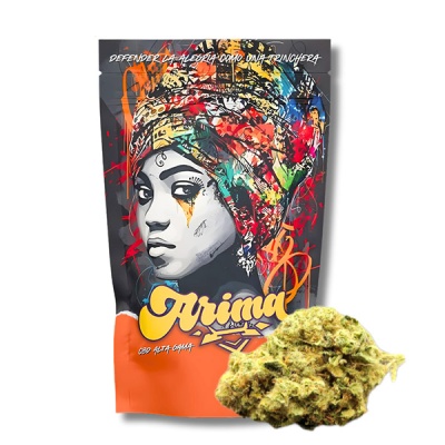 Embalagem colorida com rosto feminino e flor de cannabis