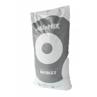 Saco branco e cinzento de substrato ALL-MIX da BioBizz com texto e ícones