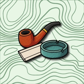 Ilustração de cachimbo, cinzeiro azul e papel enrolado com fundo ondulado verde