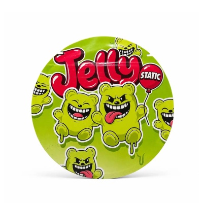 Embalagem redonda verde com pandas amarelos e texto Jelly Static