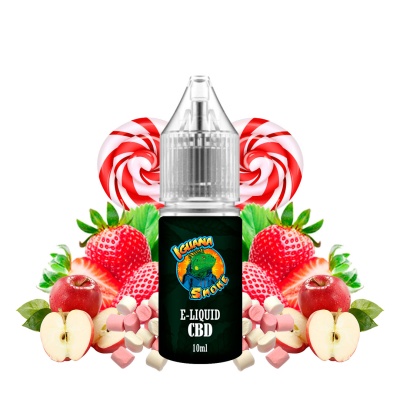Frasco de e-líquido CBD com frutas e doces ao fundo