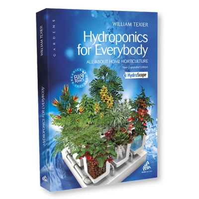 Capa de livro Hydroponics for Everybody com plantas em sistema hidropónico