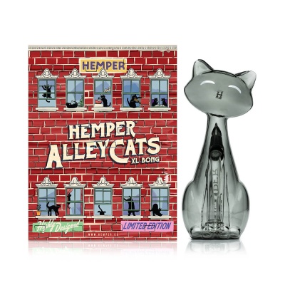 Cachimbo de vidro em forma de gato e embalagem de design com tema de gatos e tijolos vermelhos.