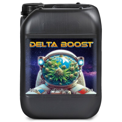 Recipiente plástico preto com rótulo astronauta e texto DELTA BOOST