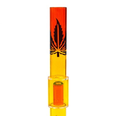 Bongo acrílico laranja e amarelo com desenho de folha de cannabis