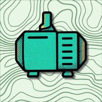 Ilustração animada de motor sobre fundo ondulado verde