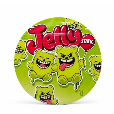 Embalagem redonda verde com o texto Jelly e desenhos de animais amarelos caricatos