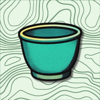 Ilustração pop art de taça azul com fundo de linhas verdes