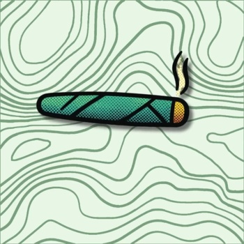Ilustração animada de charuto a fumar num fundo com linhas onduladas verdes
