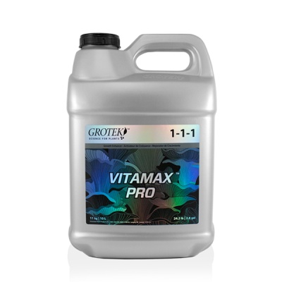 Recipiente cinzento de plástico com tampa preta e rótulo holográfico VITAMAX PRO.