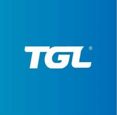 Logotipo branco com as letras TGL e símbolo ® em fundo azul