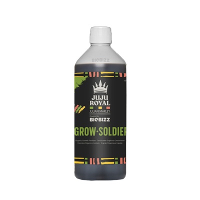 Frasco de fertilizante líquido orgânico Juju Royal Grow Soldier com rótulo preto e detalhes coloridos