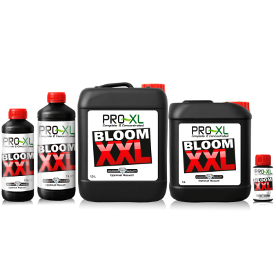 Embalagens pretas com tampas vermelhas do produto PRO-XL BLOOM XXL de vários tamanhos
