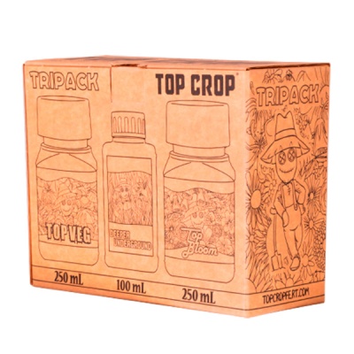 Embalagem castanha de cartão com desenho de três frascos de produtos TOP VEG, DEEPER UNDERGROUND e TOP BLOOM