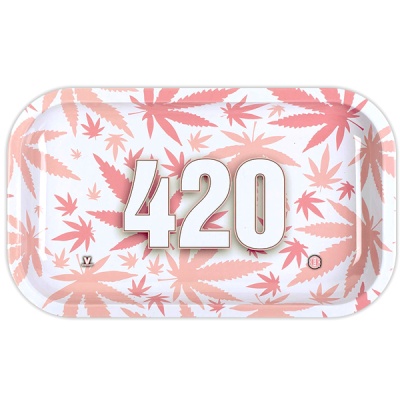 Tabuleiro com padrão de folhas de cânhamo cor de rosa e número 420 branco