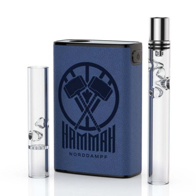 Conjunto de vaporizador azul com logotipo e tubos transparentes de vidro