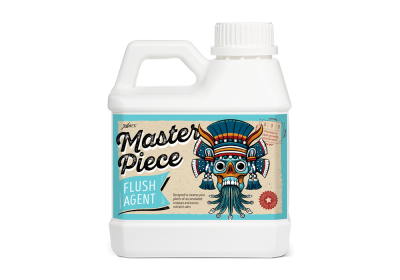 Garrafão de Master Piece Flush Agent com etiqueta azul e bege e ilustração de crânio colorido