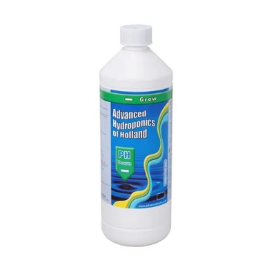 Garrafa branca com rótulo azul e verde de produto hydroponics PH Down