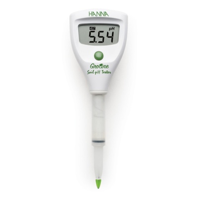 Medidor digital de pH de solo branco com visor 5.54 pH e detalhes verdes