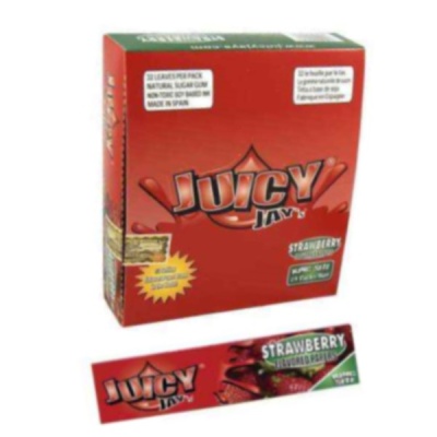 Pacote vermelho Juicy Jays sabor morango com caixa e folha individual