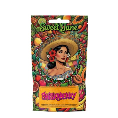 Embalagem colorida com ilustração de mulher e frutas, texto Sweet Jane e SHISKABERRY