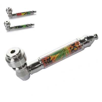 Cachimbos metálicos pequenos com decoração colorida de folhas de cannabis e texto DRAGON.