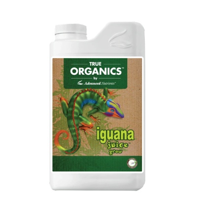 Frasco de True Organics Iguana Juice Grow com rótulo de lagarto colorido